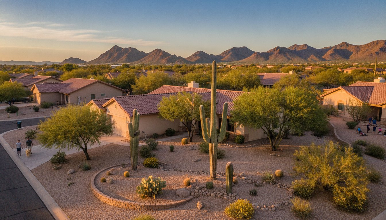 A welcoming Sonoran Desert home and neighborhood in the Northwest Phoenix Valley at golden hour with saguaros and desert mountains