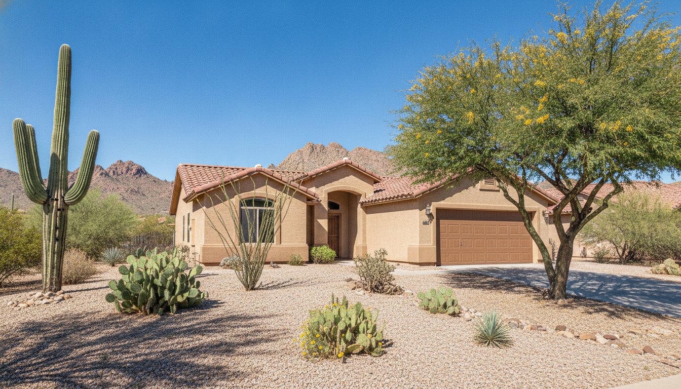 An attractive Arizona desert-style home with desert landscaping and saguaro under bright blue sky in the NW Phoenix Valley